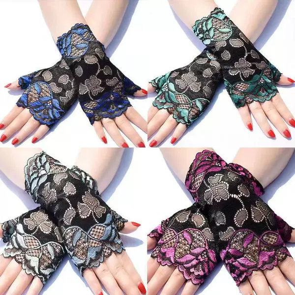 Women's lace thin elastic half-finger sun protection gloves, fingerless mesh ice silk gloves for driving and covering scars in spring and summer