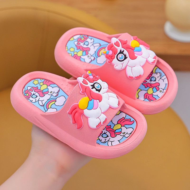 Zapatillas para niños arco iris verano niñas niños bebé antideslizante interior lindo zapatillas frías para niños pony de fondo suave