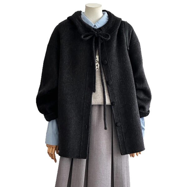 Double-sided cashmere short woolen woolen coat with hood with bow