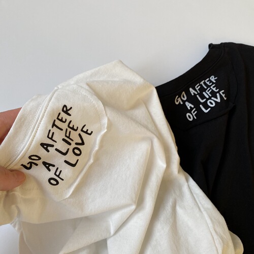 GL-kids Korean version of summer children's letter printed T-shirt on the back, unisex style for men and women, clean and refreshing black and white T-shirt