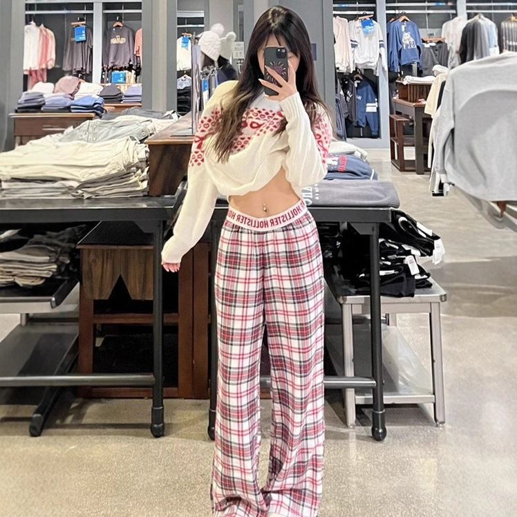 Hollister American Retro Small Seagull Plaid Letter Web Casual Versatile Long Pants Pajama Plaid Pants