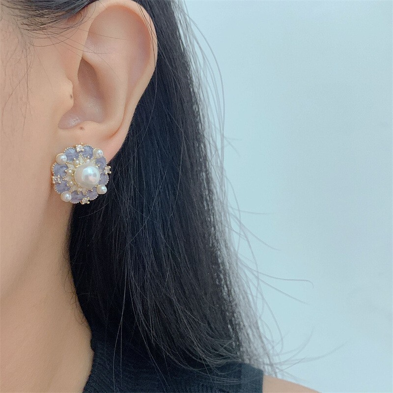 フレンチバロックパールイヤリングシルバー針レトロ紫色の花のイヤリング女性のエナメル幾何学的なラウンドイヤリング卸売|undefined