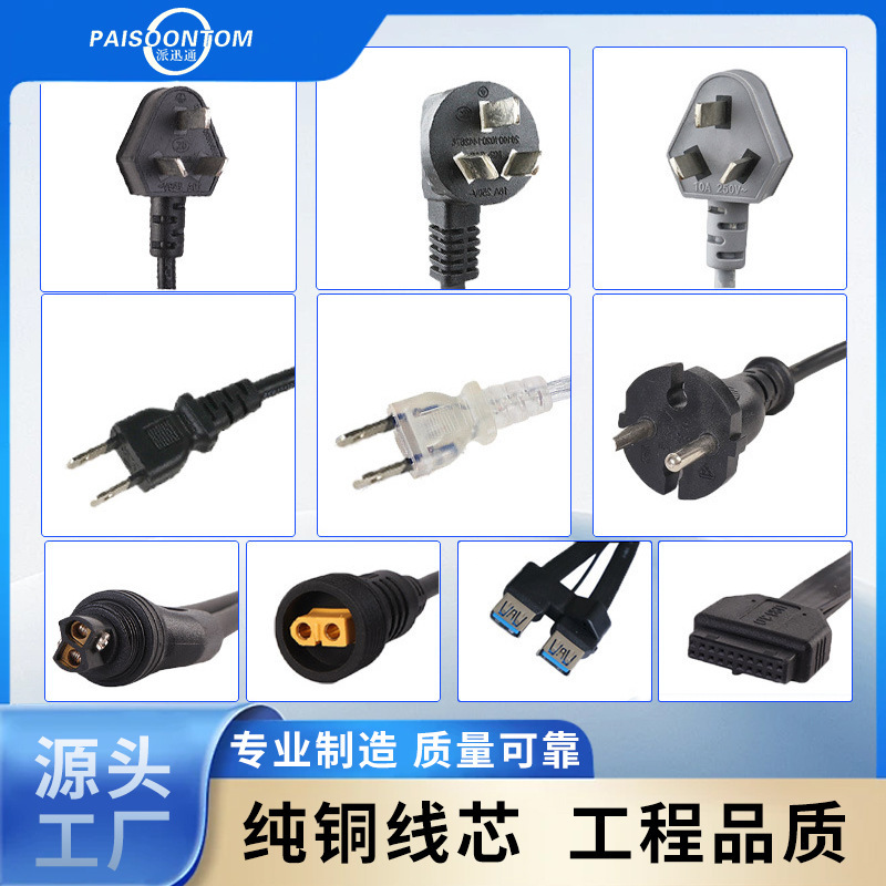 Customized Power Cord with Plug, 2-Pin and 3-Pin National Standard and American Standard Household Appliance Two-Prong Three-Hole Power Cord