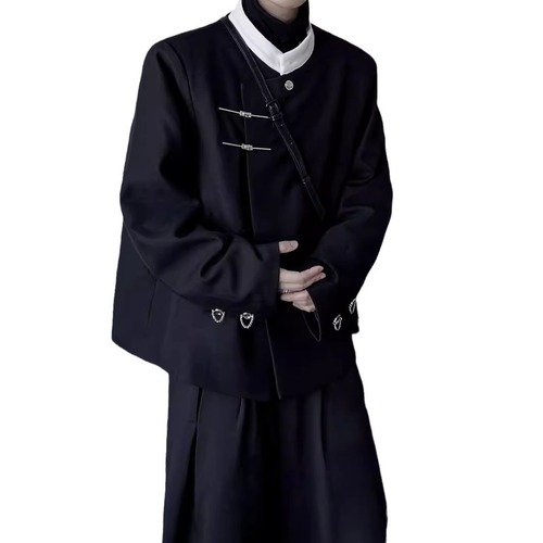 Autumn New Chinese Style Collarless Blazer for Men, Unique Color Contrast Design, Retro Internet Celebrity Bad Boy Style, Shoulder-Padded Suit Jacket