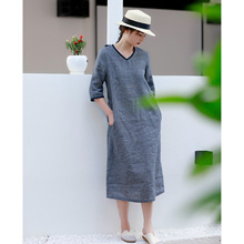 原创文艺旅行棉麻夏季新款色织格纹亚麻系带修身减龄连衣裙女时尚
