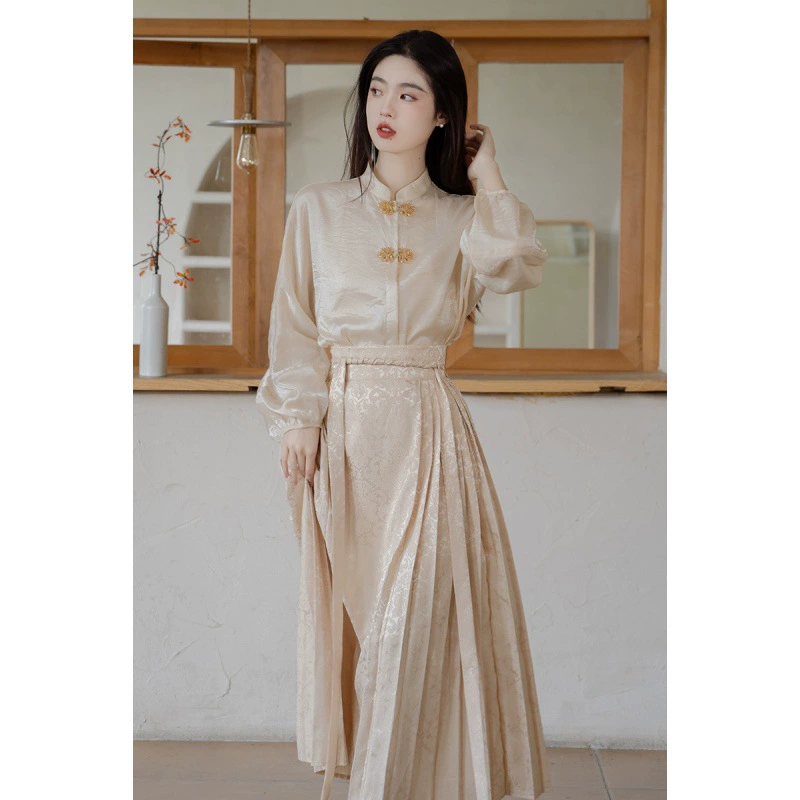 Женский топ-Чонсам в национальном стиле, Новый китайский стиль, осень 2023, новая улучшенная юбка с лицом лошади, ежедневный пригородный комплект из двух предметов