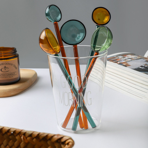 Creative milk dessert spoon, colorful pastoral transparent high temperature resistant glass spoon, cute long handle coffee stirring round spoon