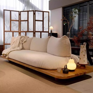 Small Apartment B&B Sofa, Antique-Style Particle Velvet, High-Resilience Japanese-Style Tatami Wabi-Sabi Wood-Style Solid Wood Sofa