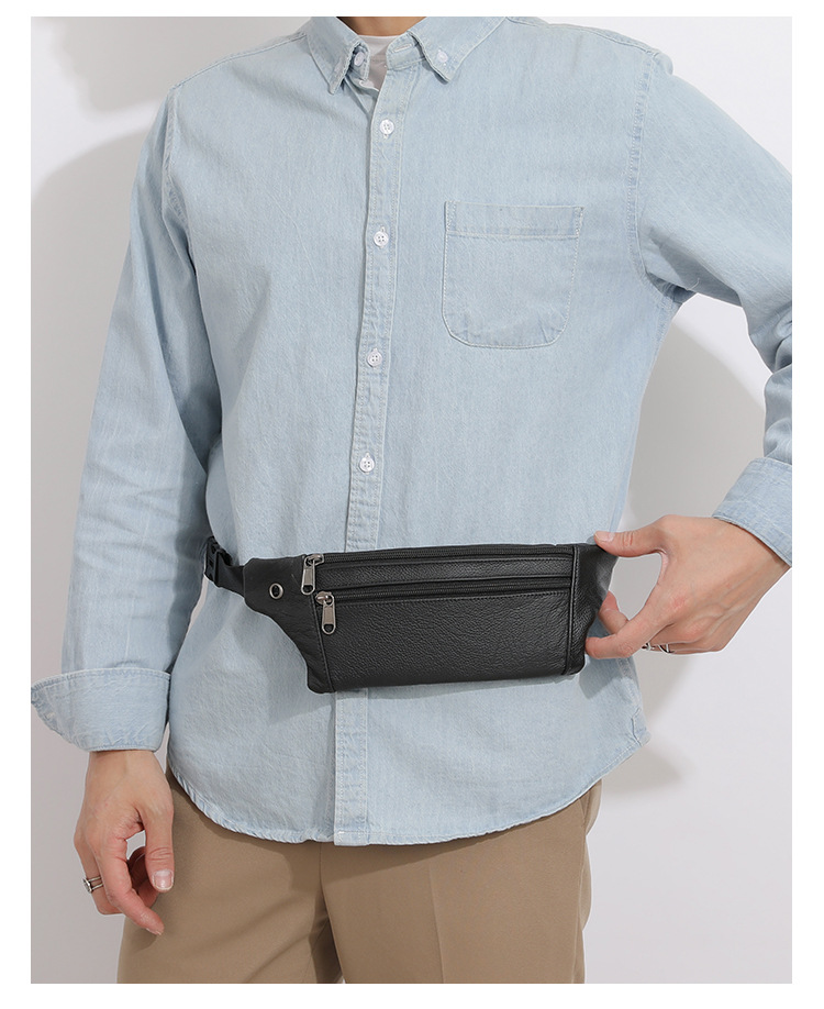 94g Weight Polyester Lining Material Sewing Thread Fashion Element Zipper Closure Type Sling Strap Strap Type Fanny Pack Bags Type Casual Occasion Genuine leather Material Solid Color Pattern All Seasons Season Men's Gender Streetwear Style Square Shape Men's Streetwear Solid Color Genuine Leather Men's Waist Bags 7