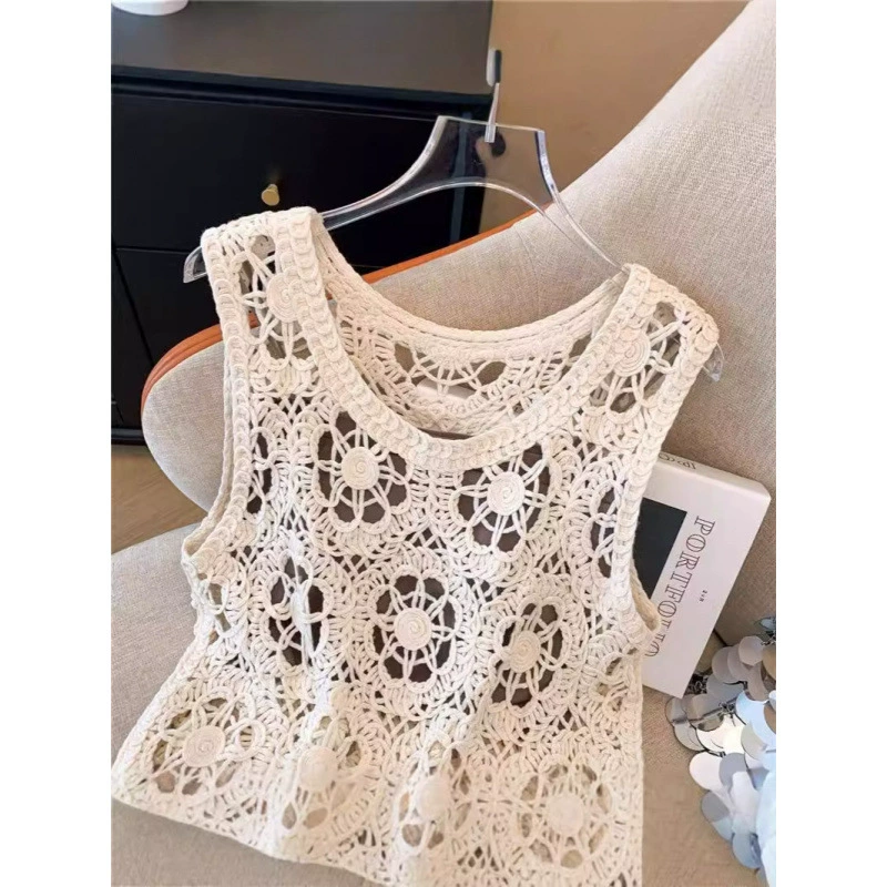 Ретро кисточки крючком ажурный трикотажный жилет женский 2024 новый летний топ