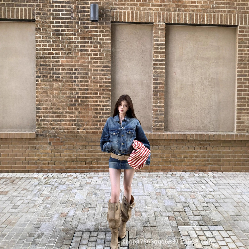 Washed Distressed Blue Denim Jacket for Women in Autum, Hong Kong Style Retro Suit, Skirt, Culottes and Short Skirt Two-Piece Set