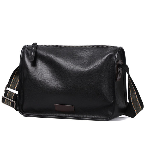 Túi đeo chéo nam da bò kiểu retro 29×11×17 cm — Màu đen da thực vật, Da cầm tay màu đen