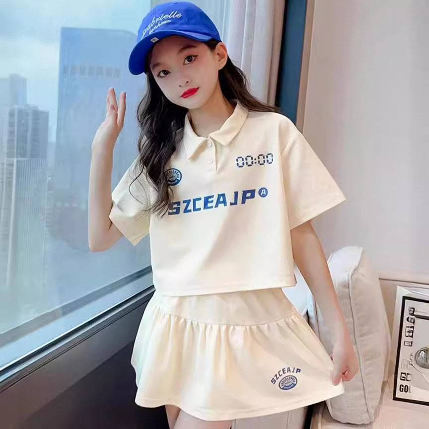 Ensemble d'été pour filles, manches moyennes et larges, haut à col polo, jupes courtes, vêtements de sport pour enfants, tennis, étudiants, femmes_voghion.com