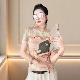 跨境2026新款短袖定位印花圆领网纱t恤女时尚修身显瘦打底衫潮