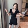 Women’s nightclub sexy deep V-neck low cut backless solid color fishtail buttock skirt underdress Short Sleeve Dress