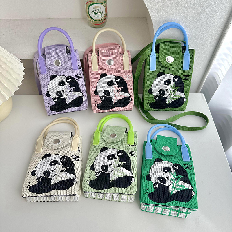 Bolsa de tejido para móviles, caricatura de panda para mujeres, estilo coreano, bolso de hombro único, bolso de viaje, bolso de cambio, bolso pequeño