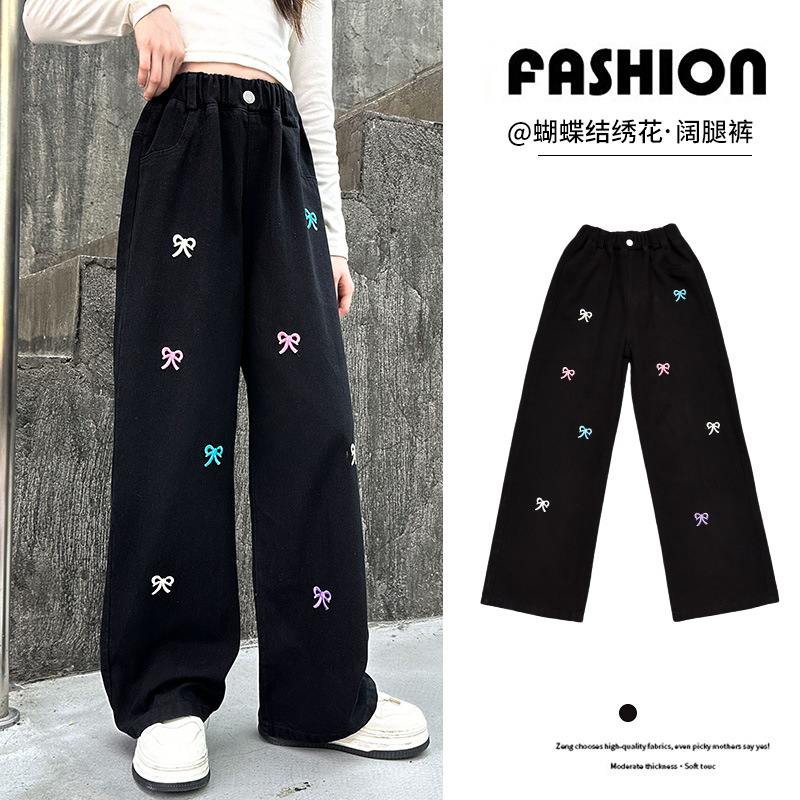 소녀 데님 바지 2024 가을 새로운 어린이 서양식 유행 봄과 가을 어린이 스트레이트 바지 넓은 다리 바지