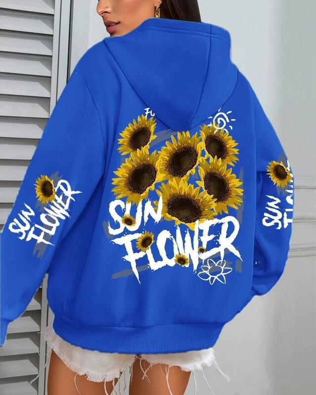 Foreign Trade Sunflower Creative Graffiti Printed Women's Hoodie Autum Loose Casual Flap Pocket Pants Fleece Pullover
