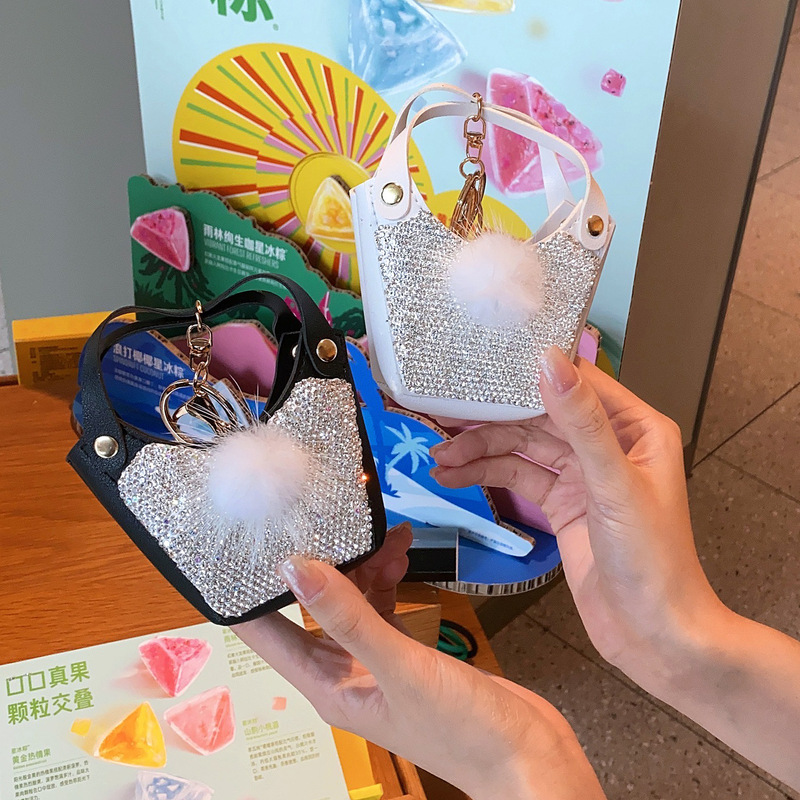 Trendy Fashion Instagram-Style Shiny Rhinestone-Embellished Handle Basket Bag Mini Keychain Pendant Coin Purse