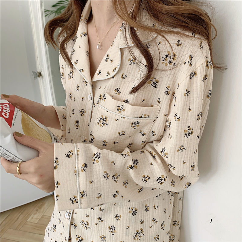 Spring New Long Sleeve Pajamas Women's Pastoral Style Floral Lapel Cardigan Cotton Loose Loose Girl's Sweet suit