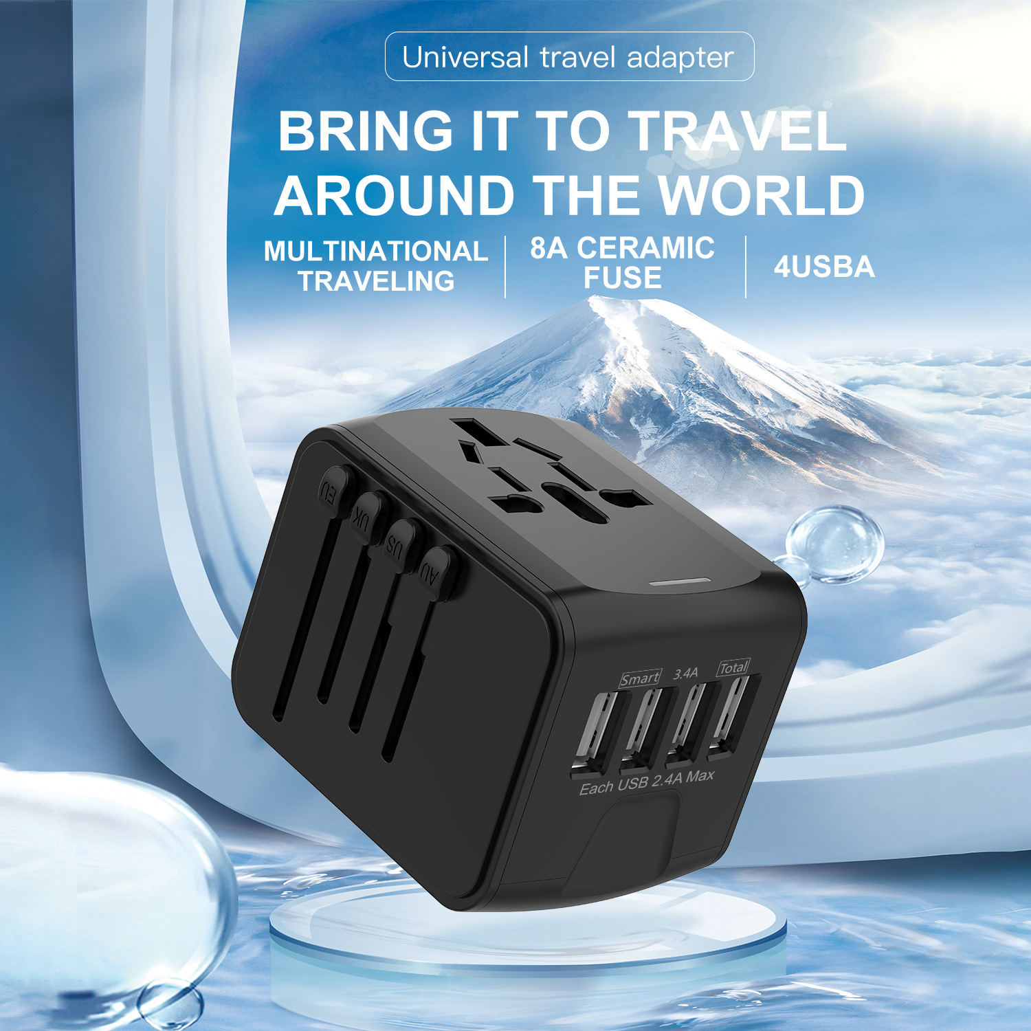 Adaptador de viaje universal - 199 países, 4 puertos USB, conversión para UK/Australia/Europa/USA