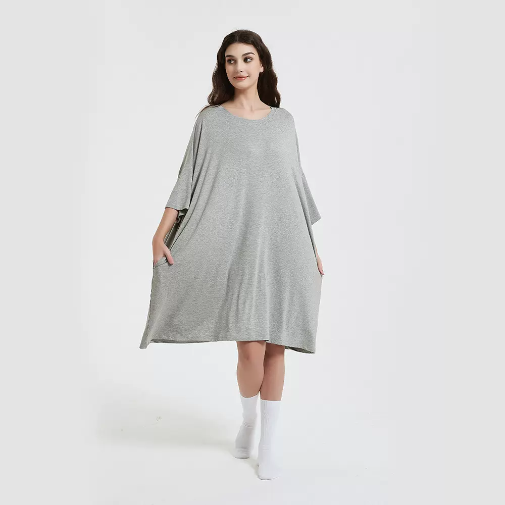 欧美跨境宽松大码舒适纯色睡衣T恤 外穿百搭长款短袖凉感体恤