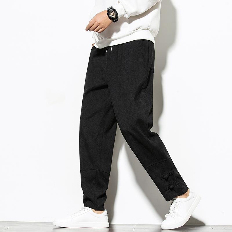 Pantalones de pana Pantalones casuales de primavera y otoño de moda para hombres Pantalones harem con hebilla de disco de estilo chino Tang Pantalones sueltos de gran tamaño
