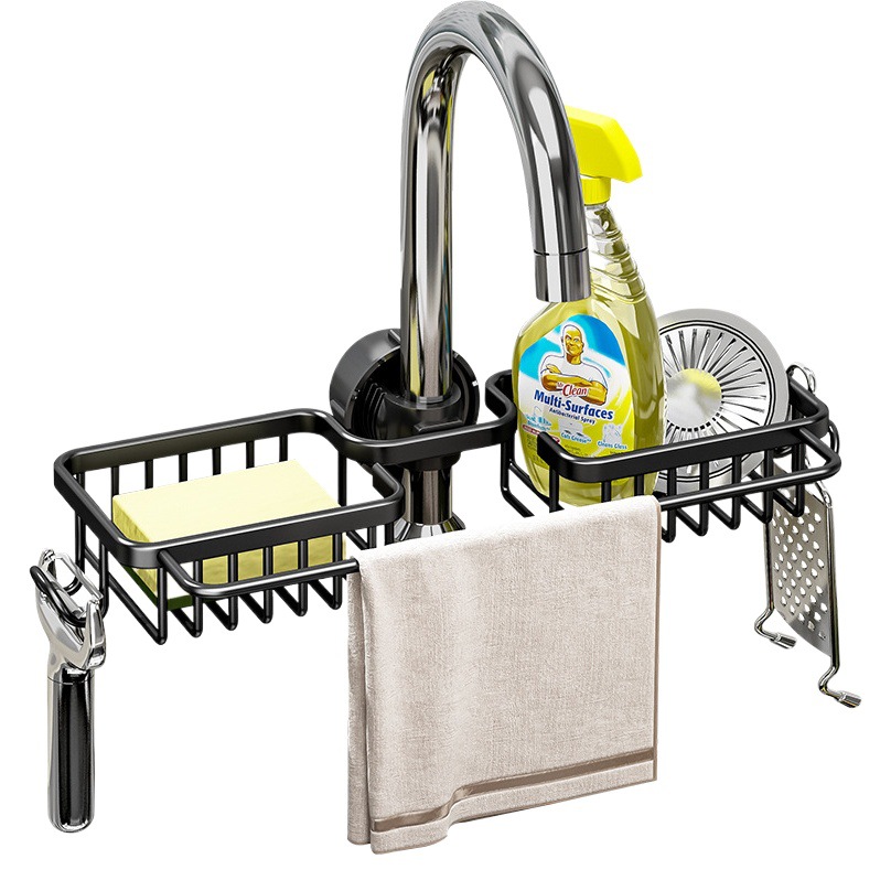 Estante de almacenamiento de cocina Estante de almacenamiento de grifo Estante de almacenamiento de oro Espacio libre de ponche Piscina de aluminio Esponja de trapo Drenaje cesta colgante