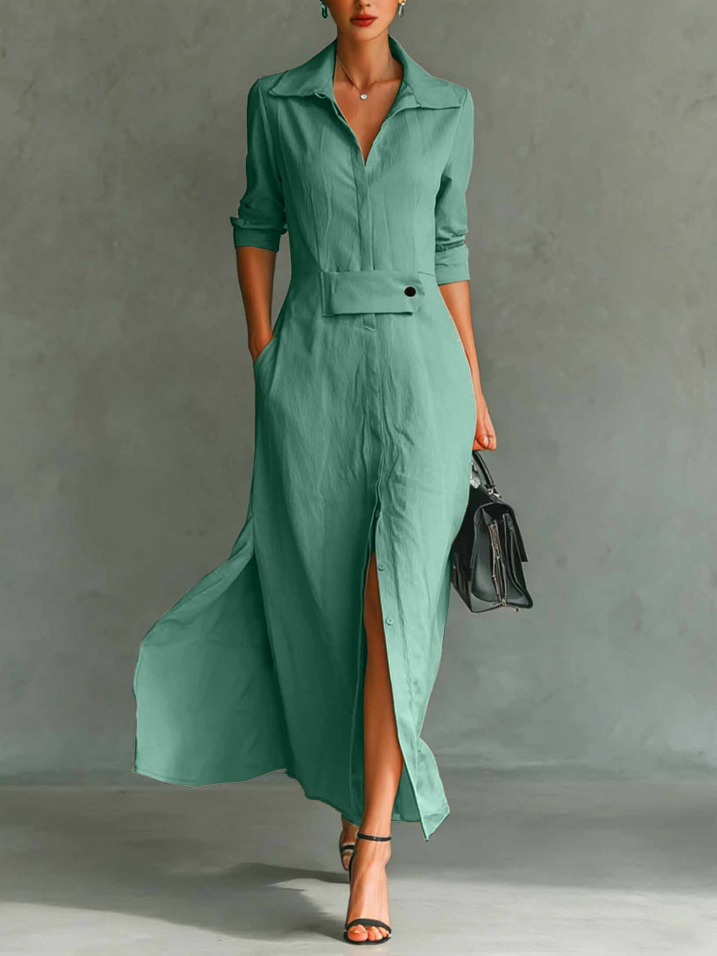 2026 European And American Cross-border Independent Station Long-sleeved Casual Elegant Slit Shirt Dress_ecoleips.com