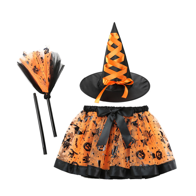 Halloween Broom Hat Set Three-Piece Witch Hat Holiday Party Kidsren's Tutu Skirt Ghost Festival Tutu Skirt