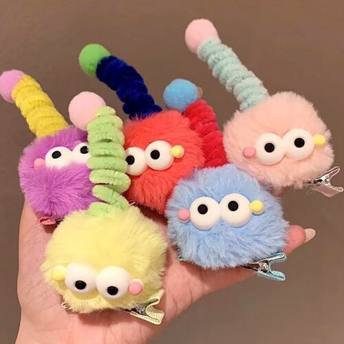 Adorable children's plush monster hair clip, fluffy antenna ugly doll duckbill clip, funny pom-pom clip