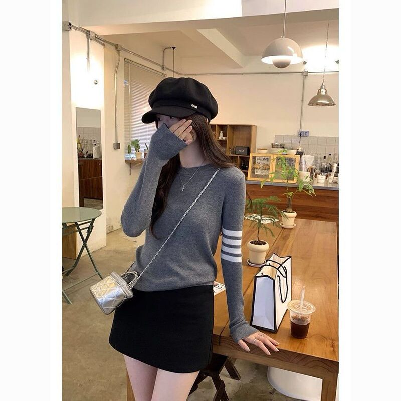 Relaxation Style Lazy Style Wear All-match Knitted Sweater Women's Autumn and Winter High-end Style Striped Inner Base Style Western Style Top Relaxation Style Lazy Style Wear All-match Knitted Sweater Women's Autumn and Winter High-end Style Striped Inner Base Style Western Style Top