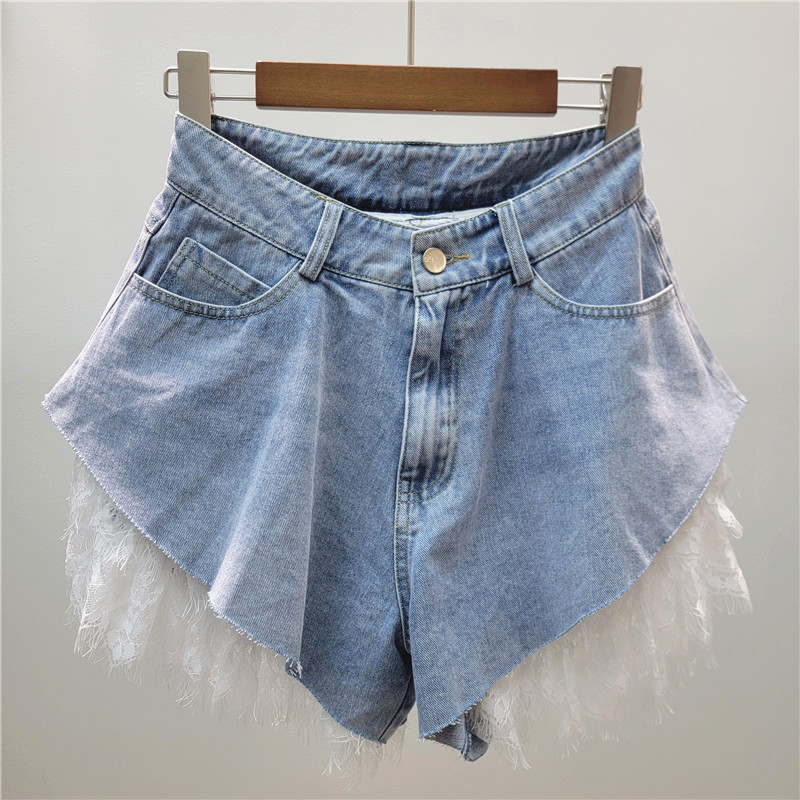 Pantalones Cortos Jeans de Pierna Ancha para Mujer de Denim, Cintura Media, Con Encaje y Lavado