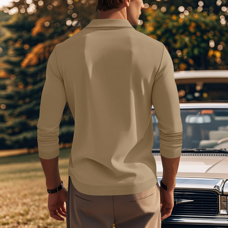 Podzimní a zimní americké pánské tričko s dlouhým rukávem, tenký střih, vaflový styl, slim fit, klopový pletený svetr pro muže_voghion.com