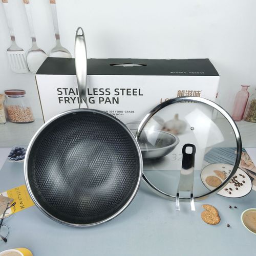 Stainless steel home round bottom thick non-stick frying pan with no coating, low smoke flat-bottomed pan set, gift wholesale