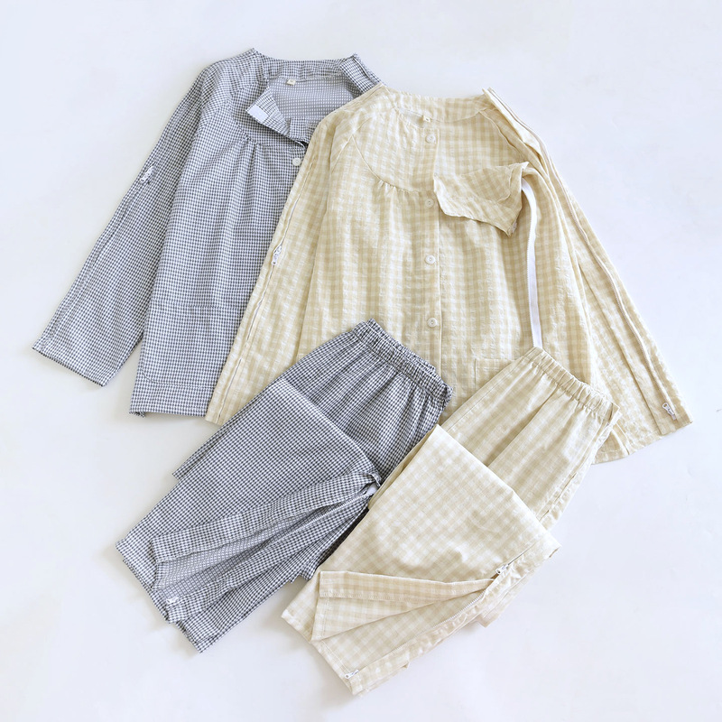 Women's Spring/Summer Thin Yarn-Dyed Cotton Easy-to-Wear Nursing Gown for Post-Acupuncture Bed Rest Therapy, Loose Fit Plus Size Sleepwear Women's Spring/Summer Thin Yarn-Dyed Cotton Easy-to-Wear Nursing Gown for Post-Acupuncture Bed Rest Therapy, Loose Fit Plus Size Sleepwear