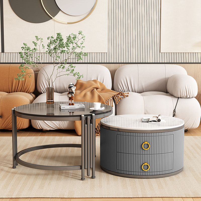 Tabla de té moderna de vidrio de roca personalizada combinación de tamaño para sala de estar simple retráctil redonda pequeña casa adecuada