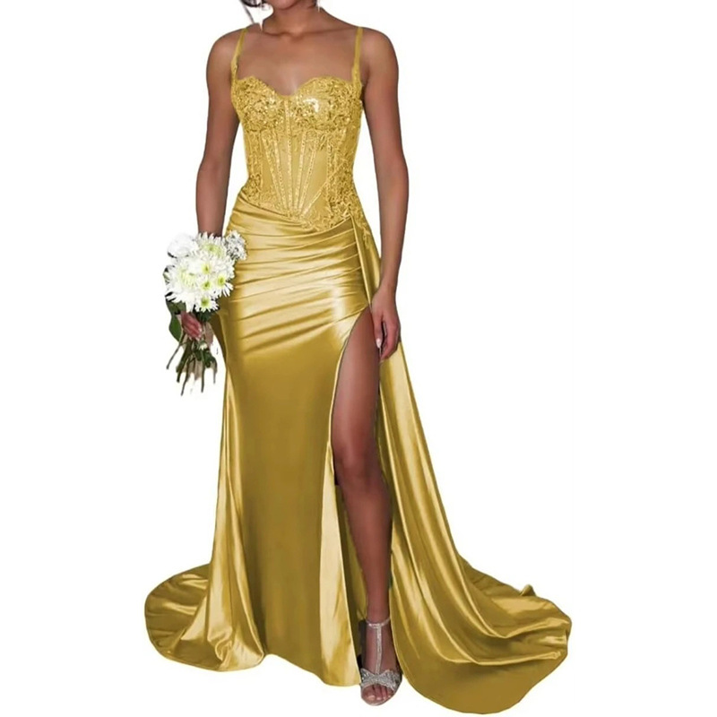 Vestido de noche sexy dividido de satén Vestido largo de tubo transfronterizo europeo y americano con cintura de espina de pescado Vestido delgado Falda larga image 18