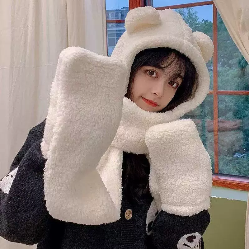 冬季新款三件套羊羔毛帽子时尚可爱带围脖青少年男女情侣同款保暖