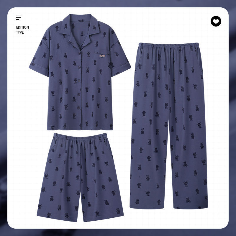 Pijamas 100% algodón de los hombres de verano Pantalones cortos de manga corta de los hombres delgados verano más tamaño homewear traje de tres piezas