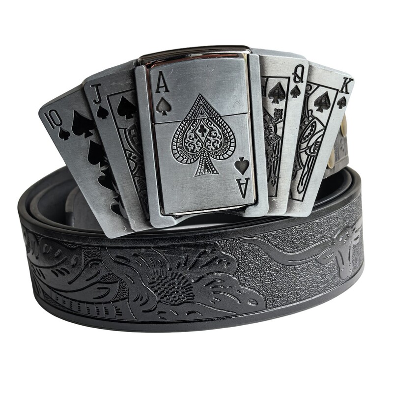 Men's Leather Belt with Kerosene Lighter Buckle, Personalized, Fashionable, Casual, Versatile, Trendy, Embossed Belt for Students and Young People
