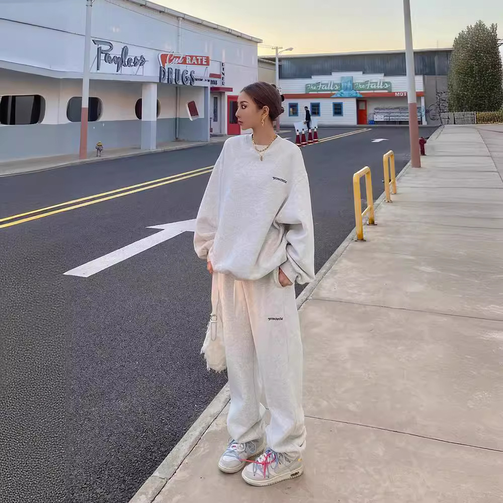 001 American Style Trendy Gray Sweatshirt Set For Women, Spring, Autumn, Winter, Thin Loose Lazy Casual Jogger Pants_voghion.com