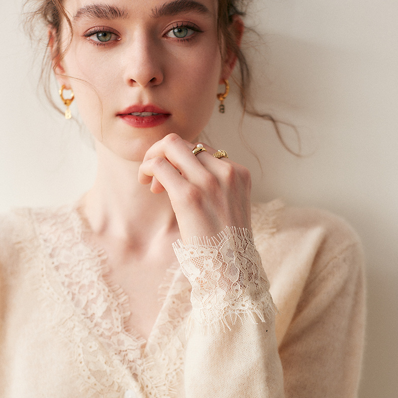 Ordos Lace V Neck Cardigan Women's Cashmere Fashion Loose Large Size Thin Knitwear Jacket