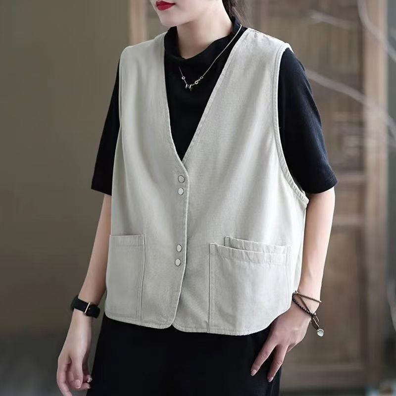 Literary Retro Cotton Vest for Women Spring, Summer and Autumn New Style Casual Loose Age-Reducing Outer Sleeveless Vest for Women New Style