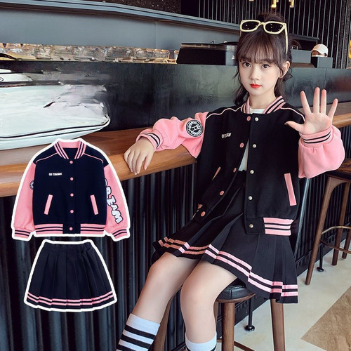 Girls' Han Style Pleated Skirt Set 2024 Autumn New Fashion Medium and Large Kids Baseball Jacket Outer Short Skirt Two-Piece Set