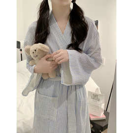 实拍2026春季棉睡袍新款条纹印花宽松系腰带家居服女士浴袍睡衣女