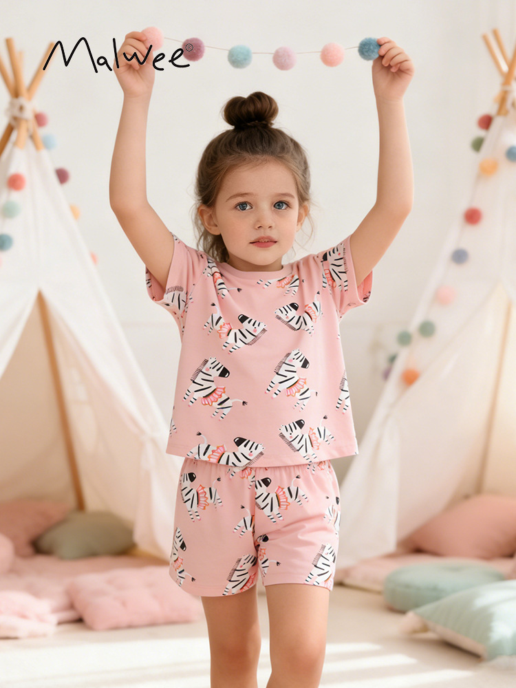 Malwee transfronterizo niñas nuevo pijama de verano europeo y americano conjunto de niños de manga corta pantalones de cintura elástica