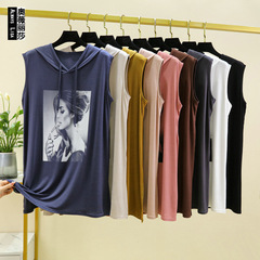 Women's Spring and Summer Viscose Print Open-Front Hooded Loose-Fitting Slimming Camisole Top for Plus Size