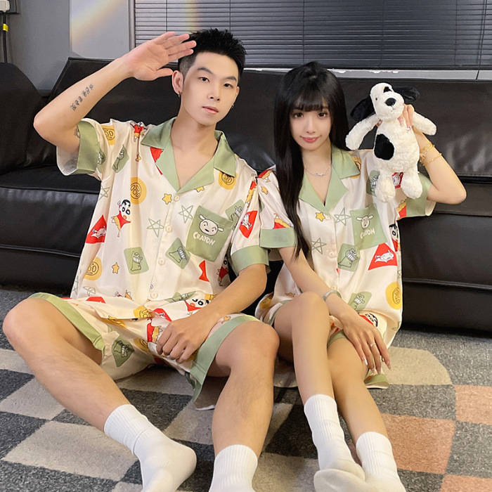 2025 nuevo pijama de pareja de verano de seda de hielo de manga corta para estudiantes lindos ropa de casa de hombre de seda