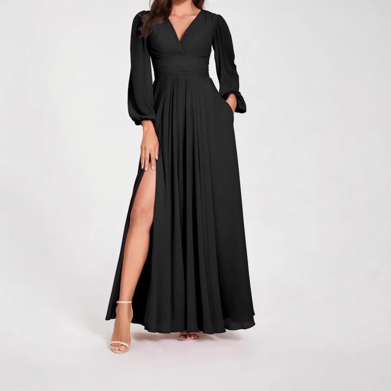 2025 New Pure Color Lantern Sleeve V Neck Waist Floor-Length Skirt Slit with Flap Pocket Pantss Dinner Wedding Formal Dress